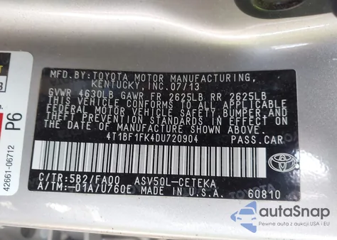 2013 Toyota Camry L/Se/Le/Xle from USA, damaged, VIN 4T1BF1FK4DU720904